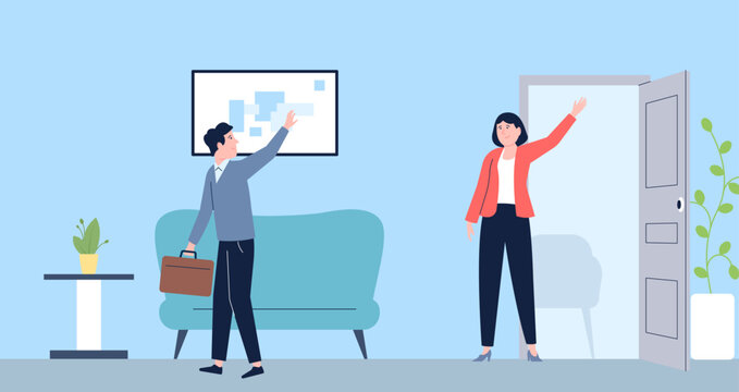 Man leave office and say goodbye colleague. Recruitment or after job interview. Corporate politeness, worker ethics in business, vector scene