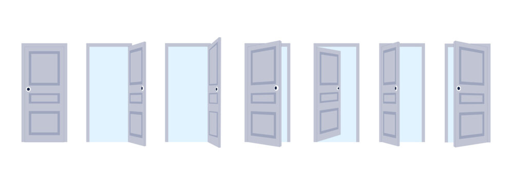 Open and close flat doors. Exit and entrance, outside and inside door in house or building. Various opened closed inputs, isolated vector set