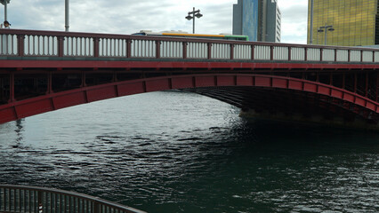 River and red bridge in Asakusabashi, Japan