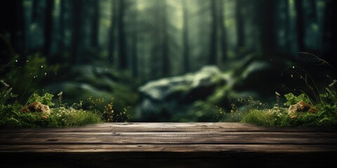 Empty rustic old wooden table with dream forest in the background  - Powered by Adobe