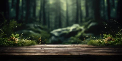 Fotobehang Empty rustic old wooden table with dream forest in the background  © 22_monkeyzzz