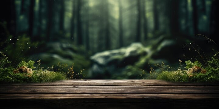 Fototapeta Empty rustic old wooden table with dream forest in the background 