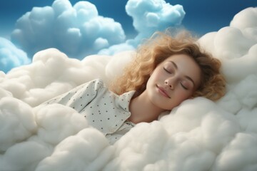 Cute young beautiful woman sleeping on a cloud. Portrait with selective focus and copy space for text