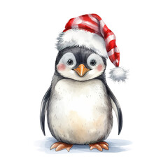 Fototapeta premium Penguin Wearing Santa Hat For Christmas Event. Watercolor Style. AI Generated