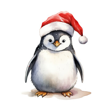 Penguin Wearing Santa Hat For Christmas Event. Watercolor Style. AI Generated