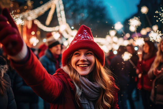 Woman Celebrating with Sparkler at Christmas Market