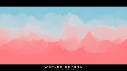 Abstract colorful landscape with misty fog till horizon over mountain slopes. Gradient eroded terrain surface. Worlds beyond.