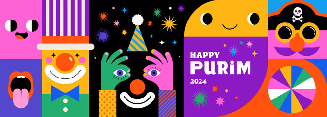 Purim Carnival, Happy Carnival, colorful geometric background with clown, splashes, speech bubbles, masks and confetti 