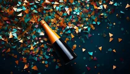 Glass Champagne Bottle Mockup with a Yellow Foil Label on Colourful Confetti and Dark Teal Background