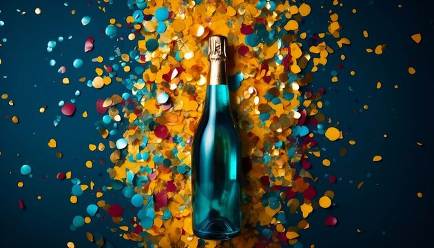A Blue Glass Champagne Bottle Mockup with a Gold Label on Colourful  Confetti and a Blue Background