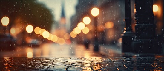 Blurred image of a city street after rain in the evening. Copy space image. Place for adding text