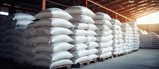 Chemical fertilizer urea stock piles of big jumbo bags loaded on trailers parked in warehouses awaiting delivery. Copy space image. Place for adding text