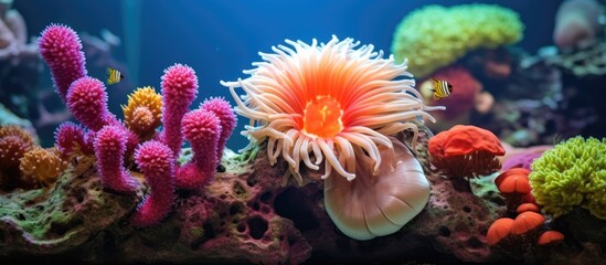 Fototapeta na wymiar A yellow cup coral anemone surrounded by beautiful red strawberry anemones. Copy space image. Place for adding text