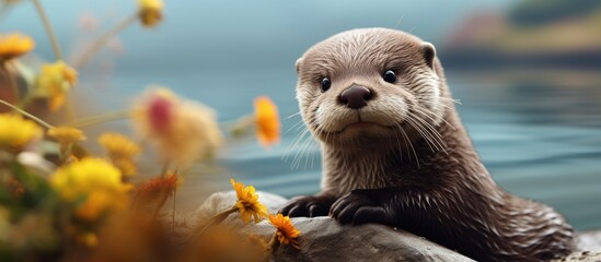 Adorable eurasian otter baby in wild nature. Copy space image. Place for adding text