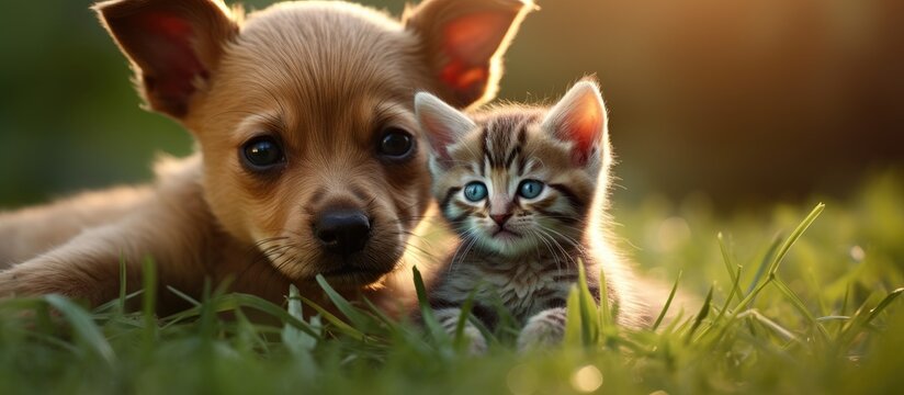 Bordeaux puppy dog with newborn kitten on green grass. Copy space image. Place for adding text