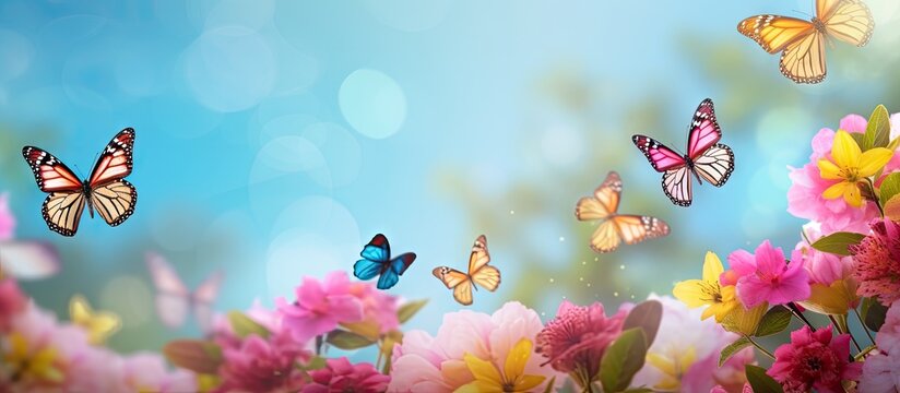 Butterflies floating beautifully on the red pink misty yellow flowers look very beautiful green nature around open sky shining sun around. Copy space image. Place for adding text