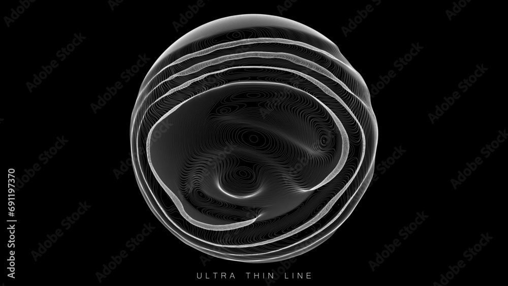 Poster ultra thin line fluid geometry. dynamic vector distorted spheres.