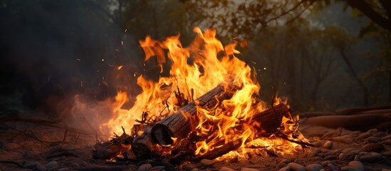 Bonfire Orange flame of a fire Bonfire on the grill with smoke Arson or natural disaster Bonfire close Fire in nature Bonfire background. Copy space image. Place for adding text
