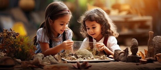 Children having fun with archaeology excavation kit in kindergarten and early childhood environment An easy way for children to learn the basic principles and techniques science education and f