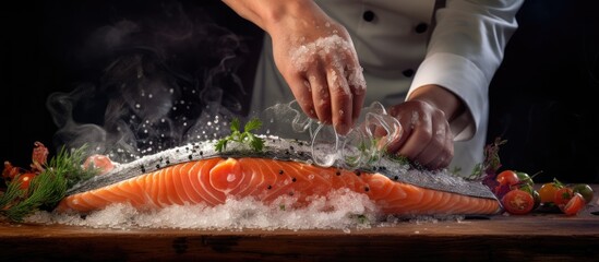 chef prepares salmon steak process of sprinkling with spices and salt in a freeze motion marinating salmon fish adds herbs seasoning Long banner format top view. Copy space image