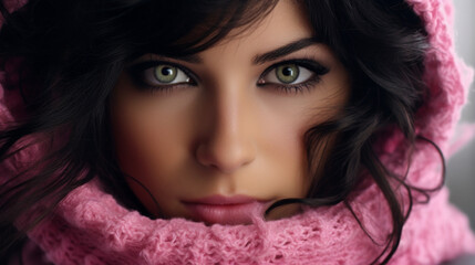 a beautiful woman with wonderful eyes, wearing a pink ski mask, beautiful black wavy hair, warmcore, cute and dreamy, eye catching