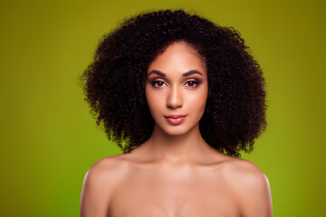 Portrait of pretty lovely girl in beautician wait for rejuvenation procedure over green background