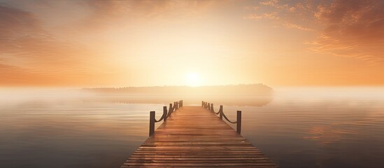 A wooden pier extends into the lake where a layer of fog forms above the calm water The pier is reflected in the tranquil water where the rising sun beautifully colors the sky. Copy space image - obrazy, fototapety, plakaty