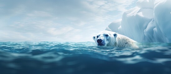 A magnificent polar bear stands on the edge of a melted iceberg and looks into the blue water abyss. Copy space image. Place for adding text - obrazy, fototapety, plakaty