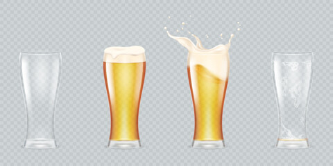 Various pints of beer. Realistic isolated glass of refreshing beers, drink splash for ad, pint biere, transparent mug, foam cup inside swirls, full and empty