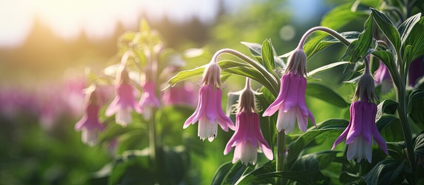 Comfrey pink flowers growing in summer garden Purple Symphytum officinale perennial flowering plants grow in spring green meadow Fresh wildflowers cultivated Comfrey blooming close up pastel co