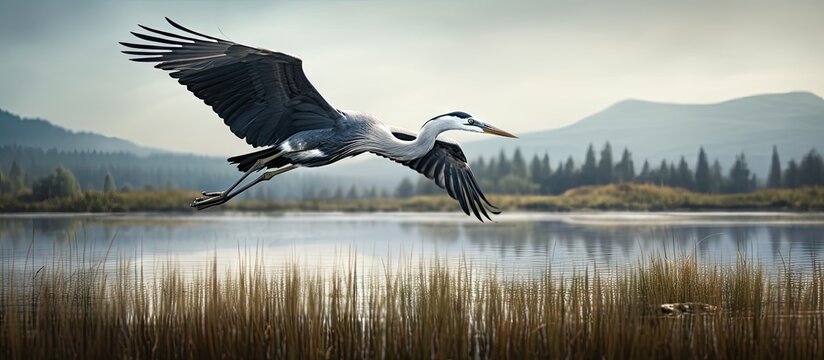 Blue heron ardea cinerea take off flying from lake grey heron in natural habitat. Copy space image. Place for adding text