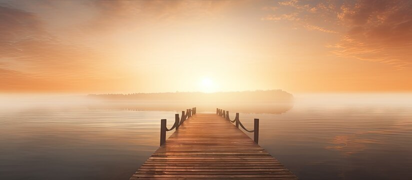 Fototapeta A wooden pier extends into the lake where a layer of fog forms above the calm water The pier is reflected in the tranquil water where the rising sun beautifully colors the sky. Copy space image