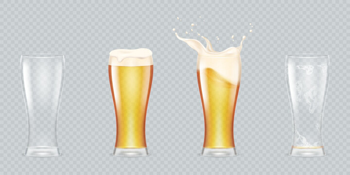 Various pints of beer. Realistic isolated glass of refreshing beers, drink splash for ad, pint biere, transparent mug, foam cup inside swirls, full and empty