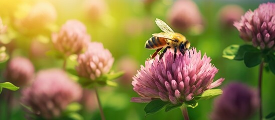 A common carder bee Bombus pascuorum on a flower of the red clover Trifolium pratense. Copy space image. Place for adding text - obrazy, fototapety, plakaty