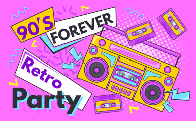 Back to 90s. Retro party poster, school fashion pop music nineties 1980s, birthday karaoke event invitation funky boombox trendy banner background design, neat vector illustration