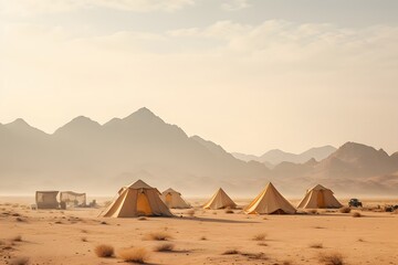Fototapeta na wymiar camping tents in the middle of the desert with the mountains at back