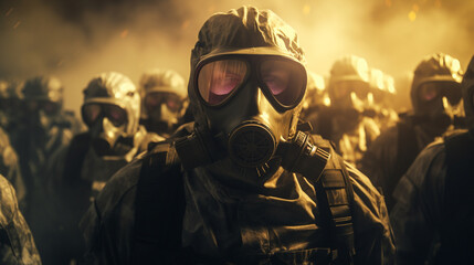 an army of soldiers in hazmat gear, with red eyes, and gas masks on, on a battlefield marching in perfect unison, High angle view, Volumetric lighting - obrazy, fototapety, plakaty
