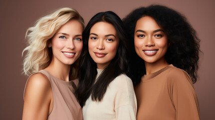 portrait of beautiful young women of different races and nationalities, stylish girls, friends, international women's day, March 8, equality, diversity, feminism, feminine face, studio, background