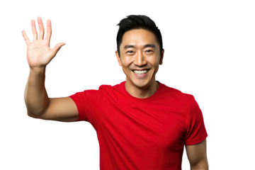 Close up of a happy chinese man. Hello gesture
