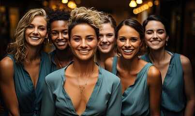 a group of smiling women, and happy friends, in a horizontal format in a Happy gathering-themed, photorealistic illustration in JPG. Generative ai