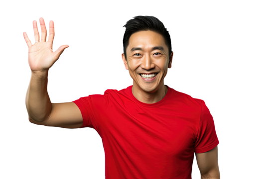 Close up of a happy chinese man. Hello gesture