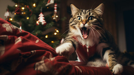 christmas cat jingly paws up christmas tree with christmas shirt, in the style of powerful and emotive portraiture - obrazy, fototapety, plakaty