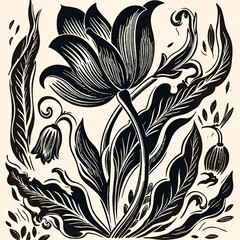a flower design in a woodcut style in a vertical format in a Graphic-themed, woodcut illustration in JPG. Generative ai