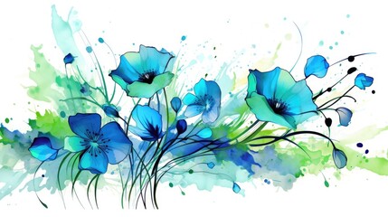 Abstract ink splatters of flowers with blue-green overtones in a horizontal format in an Abstract floral-themed, photorealistic illustration in JPG. Generative ai