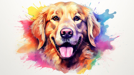 high quality, design style, Watercolor, powerful colorful, golden retriever complete face logo facing forward, white background, by yukisakura, awesome full color