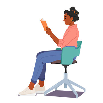 Proper Reading Pose On The Chair. Black Female Character Seated Comfortably, Spine Straight, Hands Gently Cradling Book