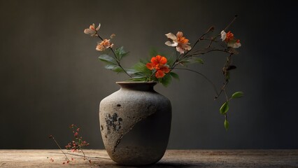 a vase with flowers in a minimalist style and sophisticated color scheme in a side view artistic-themed, horizontal format of photorealistic illustration in JPG. Generative ai