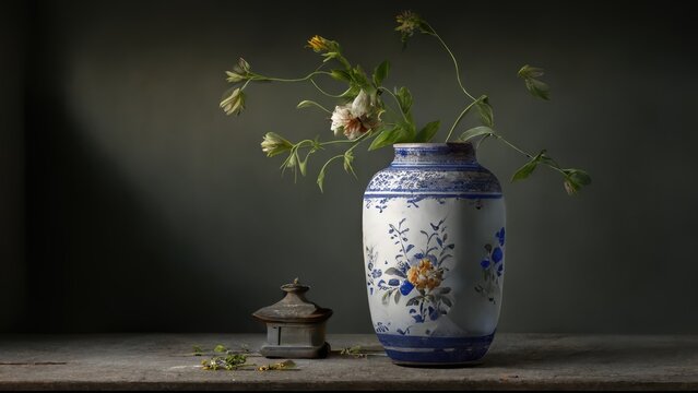 a still-life painting of a Dutch Delft vase with flowers with a very simple background in a horizontal format in a still-life floral-themed, photorealistic illustration in JPG. Generative ai