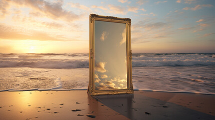 mirror, standing on the beach, golden hour, photorealistic, commercial style