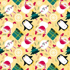 Cartoon winter ice seamless snowman and snowflakes pattern for Christmas packaging and new year